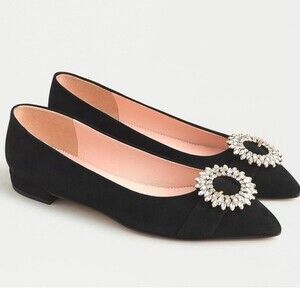 J.Crew Pointed Toe Suede Flats with Crystal Buckle Details in Black 7 NWOB